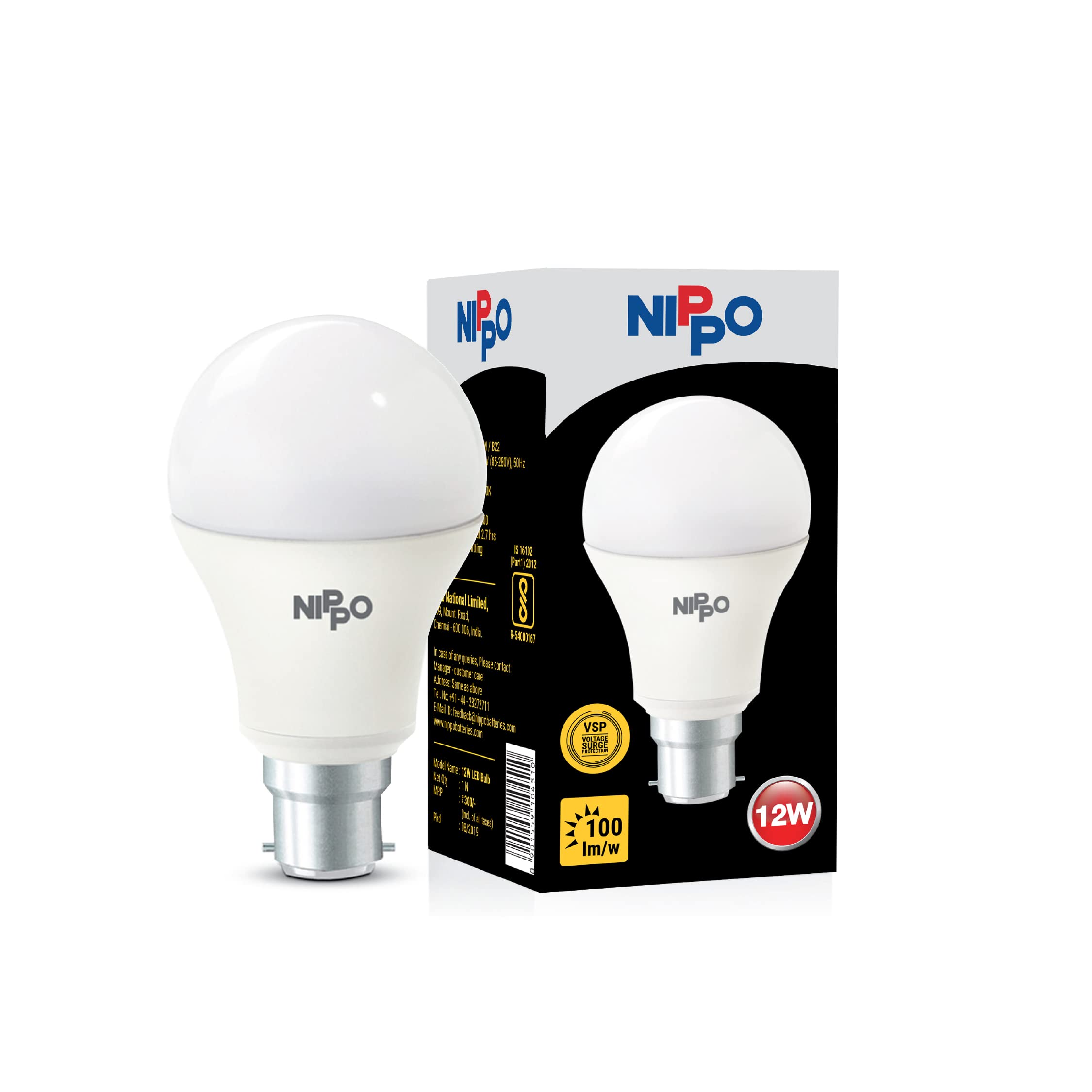 Nippo 12, Watt Led Bulb, Base B22, Cool Day Light, 1 Year Warranty, Voltage Surge Protection, High Energy Savings